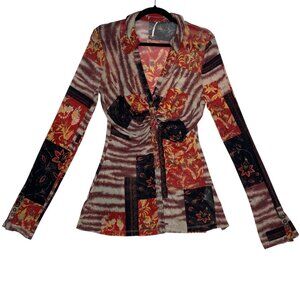 Free People Lucky Shirtee Brown/Black Y2K Ruched Sheer Button-up Top Women L